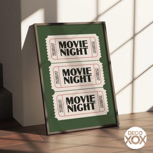 White Movie Night Ticket Poster Print - Minimal Retro Ticket Wall Art for Film Buffs, Home Theater, Bar Cart or Dorm Decor