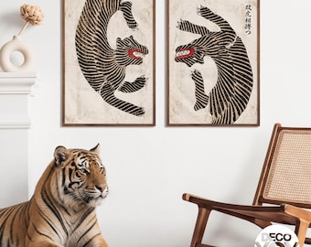 Japanese Tiger Poster Set of 2, Vintage Ukiyo-e Animal Prints, Zen Wall Art Decor