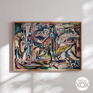 May include: Abstract expressionist painting in a wooden frame. The artwork features a vibrant mix of colors, including blue, pink, yellow, and black, with visible brushstrokes and a dynamic composition. The painting is signed and has the text "DECO XOX" in the bottom right corner.
