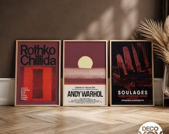 Modern Art Poster Set of 3, Rothko Warhol Soulages Exhibition Prints, Abstract Gallery Wall Decor
