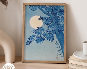 Japanese Moon Blossom Poster, Blue Cherry Tree Print, Ukiyo-e Wall Art