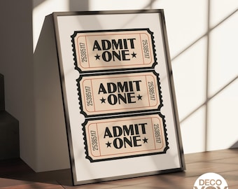 Admit One Ticket Poster, Retro Movie Night Print