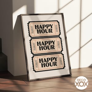 Beige Happy Hour Ticket Poster Print with Black Text - Retro Wall Art for Bar Cart, Apartment, Cafe, Office or Kitchen Decor