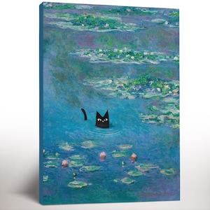 Monet Waterlily Cat Canvas Print, Claude Monet Cat Poster, Black Cat Art, Floral Print, Funny Cat Print, Funny Gift, Housewarming Gift