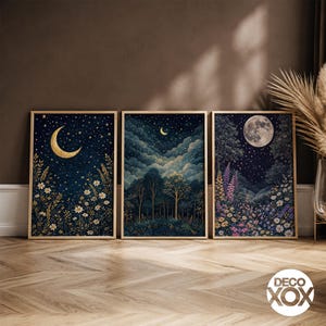 May include: A set of three framed wall art prints featuring night sky scenes. The first shows a golden crescent moon over white flowers. The second depicts a forest under a small crescent moon. The third displays a full moon over a colourful garden.