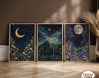 Moon Phase Wall Art Set of 3, Celestial Night Sky Posters, Botanical Moon Prints, Midnight Gallery Wall Decor