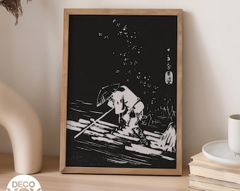 Japanese Woodblock Print, Night Fisher Poster, Black and White Ukiyo-e Art