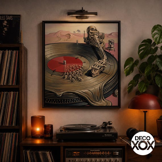 Surreal Turntable Poster, Salvador Dali Style Vinyl Art, Psychedelic Music Decor