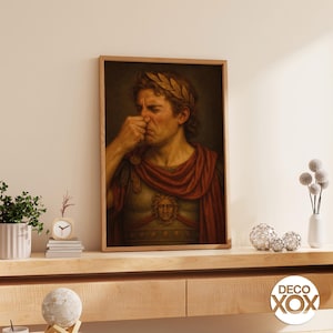 Oud-Romeinse Caesar parodie kunstdruk neus vasthouden – grappig klassiek standbeeld muurdecoratie voor liefhebbers van geschiedenis, badkamer of kantoorhumor