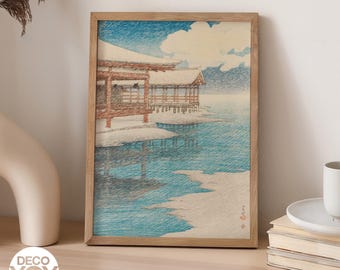 Japanese Snow Pavilion Poster, Vintage Ukiyo-e Print, Winter Zen Wall Art