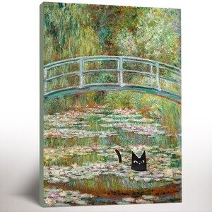 Monet Waterlily Bridge Cat Canvas Print, Claude Monet Cat Poster, Cat Art, Cat Gift, Animal Art, Wall Art Decor, Housewarming Gift