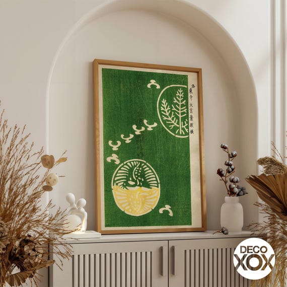 Japanese Woodblock Print, Vintage Botanical Wall Art, Green and
