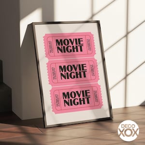 Movie Night Ticket Wall Art Pink Poster Retro Black Text Print for Dorm Room Bar Cart Apartment or Home Theater Decor