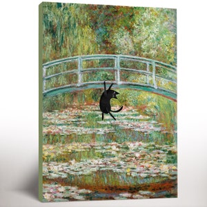 Monet Waterlily Cat Canvas Print, Claude Monet Cat Poster, Black Cat Art, Funny Cat Print, Housewarming Gift