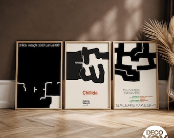 Eduardo Chillida Poster Set of 3, Galerie Maeght Zurich Exhibition Prints, Black Abstract Wall Art