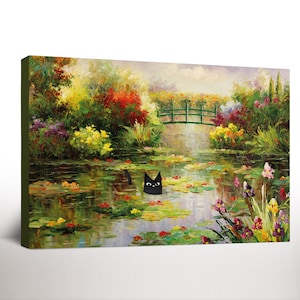 Monet Funny Cat Print, Monet Waterlily  Funny Cat Poster, Black Cat Art, Floral Print, Funny Cat Art, Funny Gift, Housewarming Gift