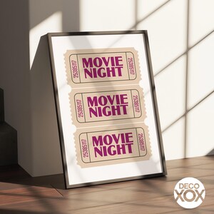 Beige Movie Night Ticket Poster Print with Magenta Text - Retro Ticket Wall Art for Dorms, Cafes, Bar Cart or Movie Room Decor