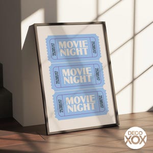 Movie Night Ticket Poster Blue Wall Art White Text Retro Cinema Print for Dorm Bar Cart Apartment Home Theater Decoration