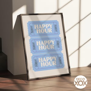 Poster con biglietto Happy Hour, stampa artistica da parete azzurra, divertente decorazione da bar, stampa retrò alla moda, arte estetica da cucina per bar, ufficio, appartamento