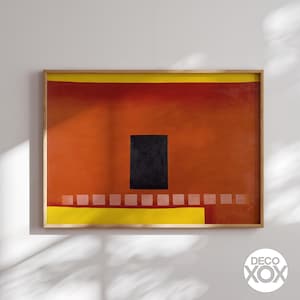 May include: Abstract art print in a wooden frame. The artwork features a vibrant orange and red background with a black rectangular shape in the center. A yellow band is at the top and bottom, with a row of white squares.