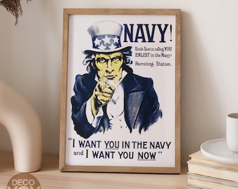 Uncle Sam Navy Recruitment Poster Print, Vintage Military Wall Art