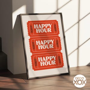 Poster con biglietto Happy Hour rosso, divertente arte murale da bar, stampa retrò di cocktail per cucina, bar, ufficio, appartamento, decorazione tipografica estetica audace