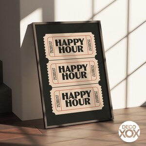 Black Happy Hour Ticket Poster Print with Beige Text - Retro Ticket Wall Art for Bar Cart, Cafe, Home Office or Apartment Decor