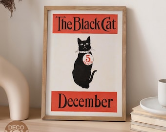 Black Cat December Poster Print, Vintage Cat Wall Art Decor