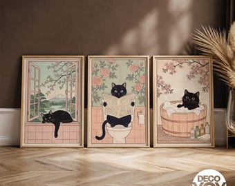 Black Cat Poster Set of 3, Japanese Cat Wall Art, Sakura Bathroom Gallery Prints