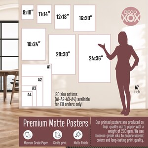 The image is a poster advertisement for premium matte posters, featuring a silhouette of a person and various sizes of posters.