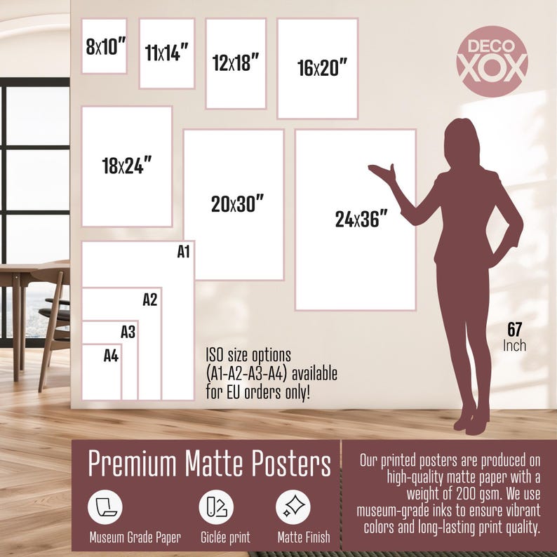 The image is a poster advertisement for premium matte posters, featuring a silhouette of a person and various sizes of posters.