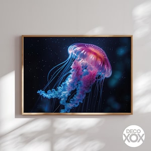Jellyfish Art Print Ocean Wall Decor, Glowing Deep Sea Animal Poster, Bioluminescent Sea Life Artwork for Bedroom or Living Space