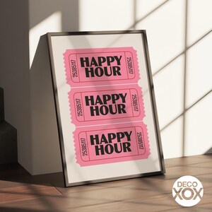Pink Happy Hour Ticket Poster Print with Black Text - Retro Bar Cart Wall Art for Apartment, Cafe, Kitchen or Office Decor