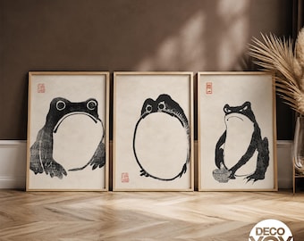 Japanese Frog Wall Art Set of 3, Zen Frog Prints, Minimalist Sumi-e Animal Posters, Japandi Gallery Wall Decor