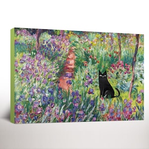 Monet Irises Garden Cat Canvas Print, Floral Print, Claude Monet Cat Poster, Black Cat Art, Funny Cat Print, Housewarming Gift