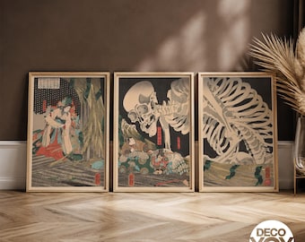 Kuniyoshi Skeleton Poster Set of 3, Japanese Ukiyo-e Prints, Gothic Samurai Wall Art