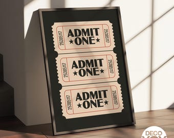 Admit One Ticket Poster, Retro Movie Night Wall Art