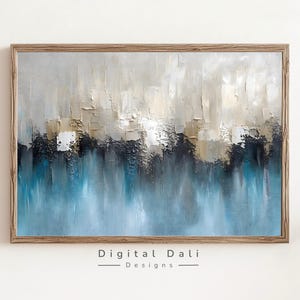 Könnte beinhalten: Abstraktes Gemälde in Blautönen, Grau und Beige. Das Gemälde hat eine strukturierte, geschichtete Optik mit dicken Pinselstrichen und einem Gefühl von Tiefe. Es ist in einem hellen Holzrahmen gerahmt.