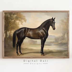 May include: A vintage-style painting of a brown horse standing in a field. The horse is facing to the right and has a white star on its forehead. The background is a landscape with trees and a river.