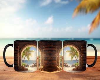 Bibliothek im tropischen Kurzurlaub, Tasse mit 3D-Effekt für Buchliebhaber, Bibliothekstasse, die das ideale Geschenk für Bücherwürmer und Buchliebhaber ist