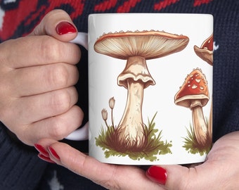 Hand Drawn Mushrooms, Mushroom Coffee Mug For Mushroom Lovers, Ceramic Mushroom Coffee Cup, 11oz Coffee And Tea Mug, fungi mug