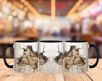 Bücher versteckt hinter Gipswand, 3D-Effekt Buchliebhaber Becher, Bibliotheksbecher, das ideale Geschenk für Bücherwürmer und Buchliebhaber