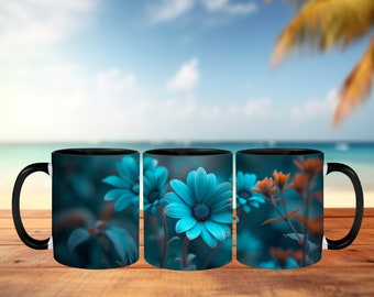 Deep blue daisies, Floral coffee mug for flower admirers, ceramic flower coffee cup, blue floral mug, beautiful flower mug