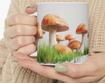 Mushrooms in grass, Mushroom Coffee Mug For Mushroom Lovers, Ceramic Mushroom Coffee Cup, 11oz Coffee And Tea Mug, fungi mug