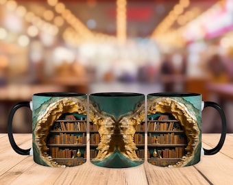 Gebrochene Wand, die versteckte Bücher herausstellt, Tasse mit 3D-Effekt für Buchliebhaber, Bibliothekstasse, die das ideale Geschenk für Leseratten und Buchliebhaber ist