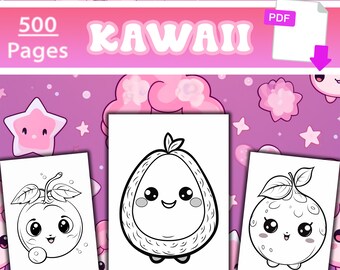 Kawaii Fruits Coloring Pages | 500 pages | Cute Coloring Pages | For Kids and Adults | digital download
