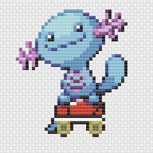 Könnte beinhalten: Eine blaue Pixel-Art-Figur mit rosa Ohren und einer rosa Blase, die aus seinem Mund bläst. Die Figur trägt rote Shorts und fährt auf Rollschuhen.