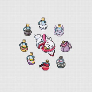 May include: A white rabbit with pink ears and a red bow is surrounded by eight colorful glass bottles with cork stoppers. The bottles are filled with different colored liquids.