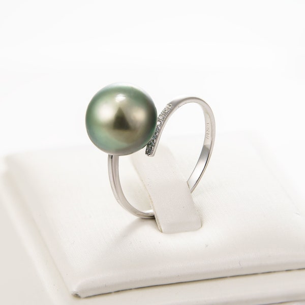 11mm tahitian pearl ring, size 9.5 us, 925 sterling silver with cubic zirconia