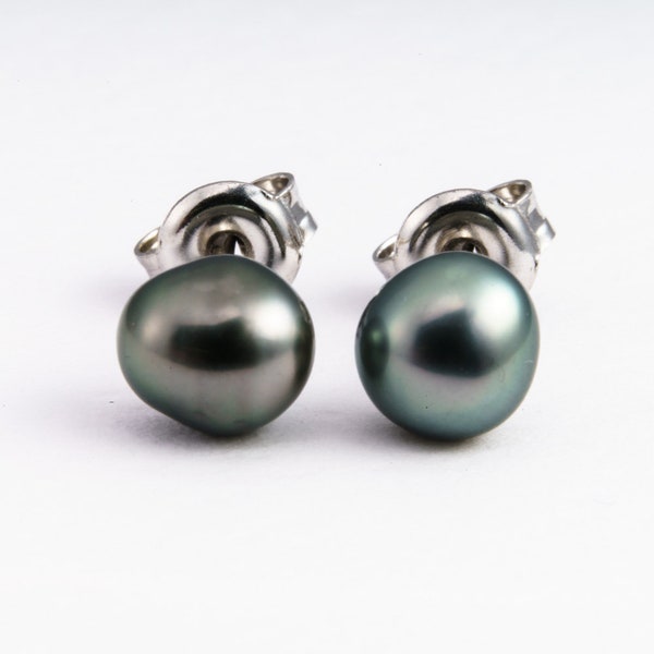 Keshi tahitian pearl earrings stud 6mm 925 sterling silver rhodium